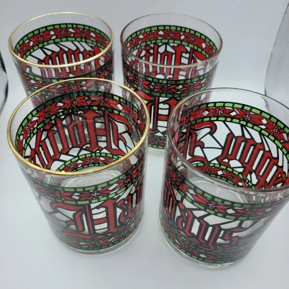 Houze Happy‎ Holidays Stained Glasses Cups Red Green Gold Poinsettia Christmas